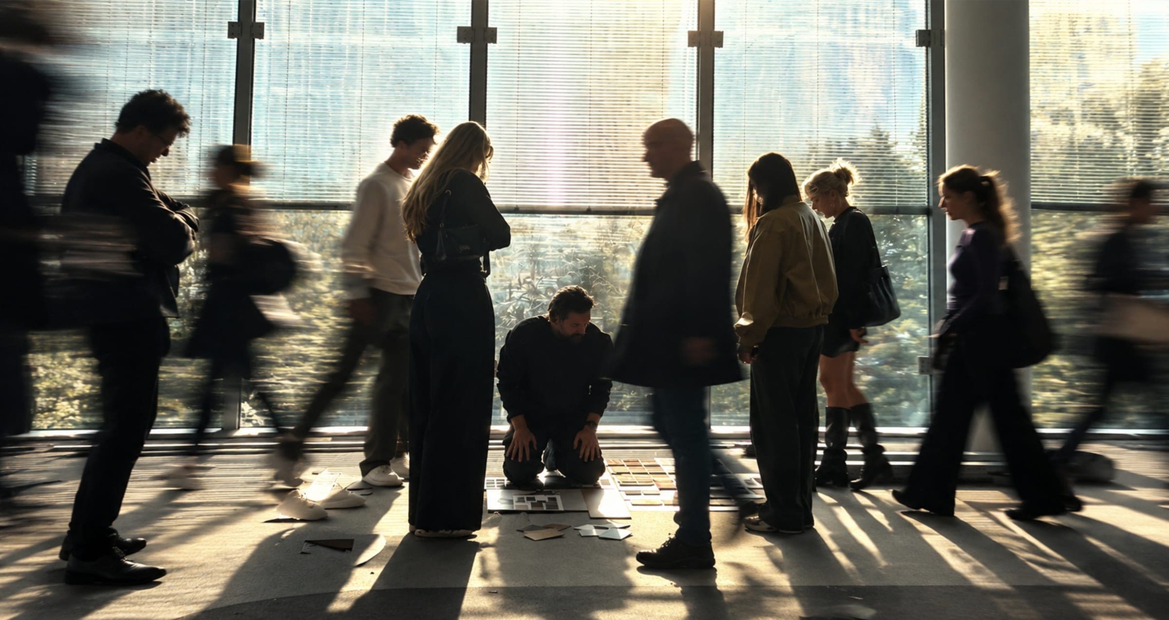 The Amphion team around a layout on the studio floor